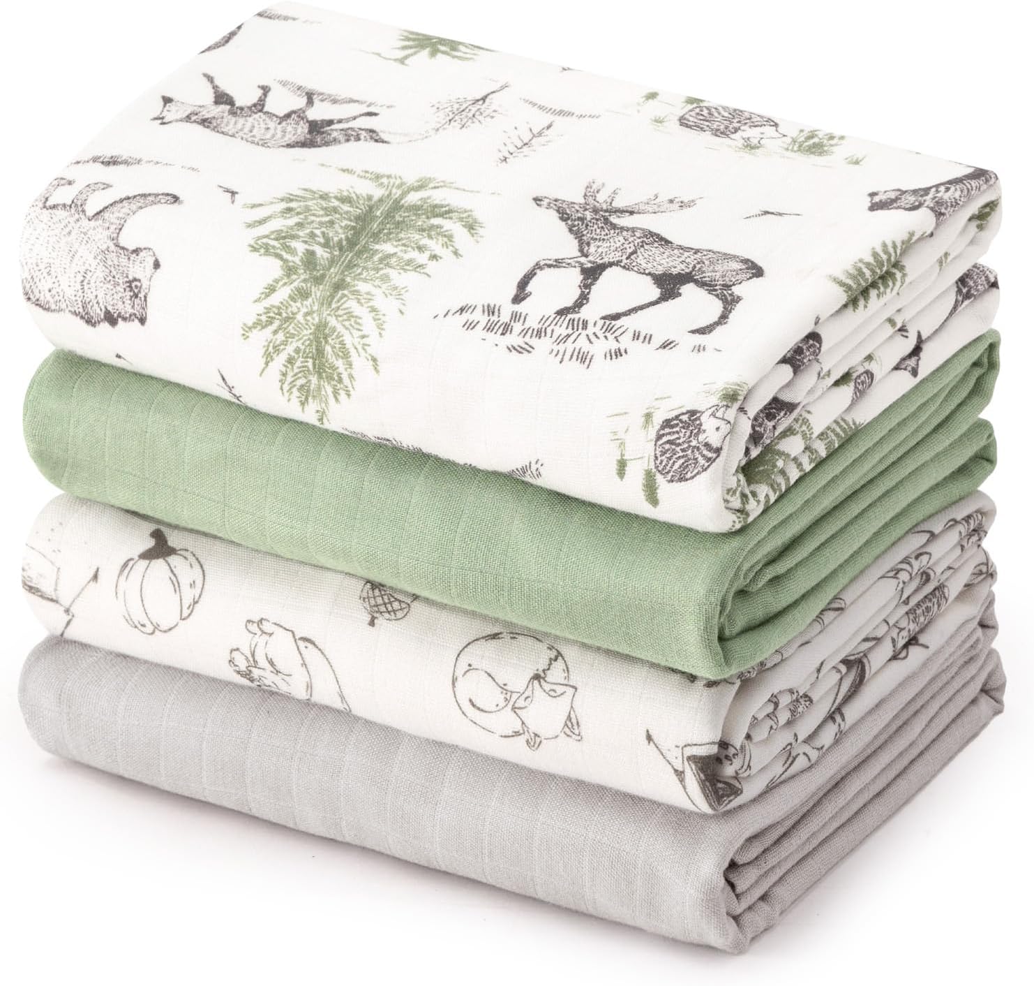 david's kids Muslin Swaddle Blankets, 4 Pack Organic Cotton Baby Blankets, Breathable Soft Receiving Blanket for Boys Girls, Newborn Essentials, Large 47 x 47 inches, Animal & Forest