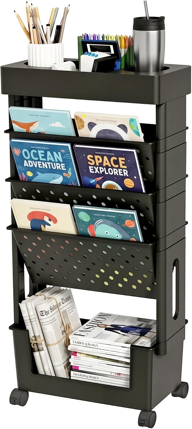 5-Tier Mobile Bookshelf, Rolling Bookcase Book Storage Rack, Movable File Folder Organizer Cart with Wheels for Home Study Office Living Room Classroom, Black