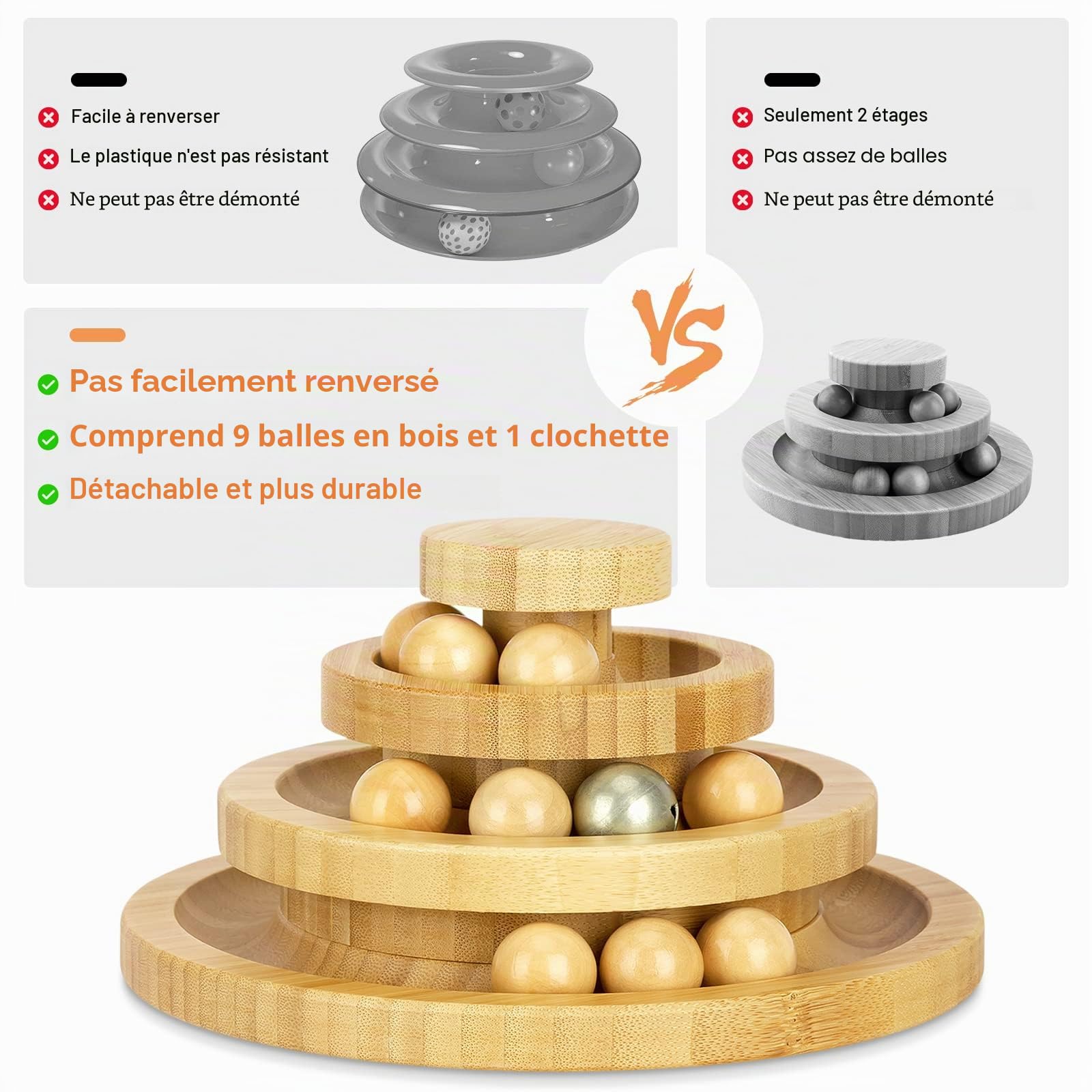 Jouet pour Chat, Jouet Chat Interieur en Bois, Balle Chat Piste détachable, Balle avec Cloche