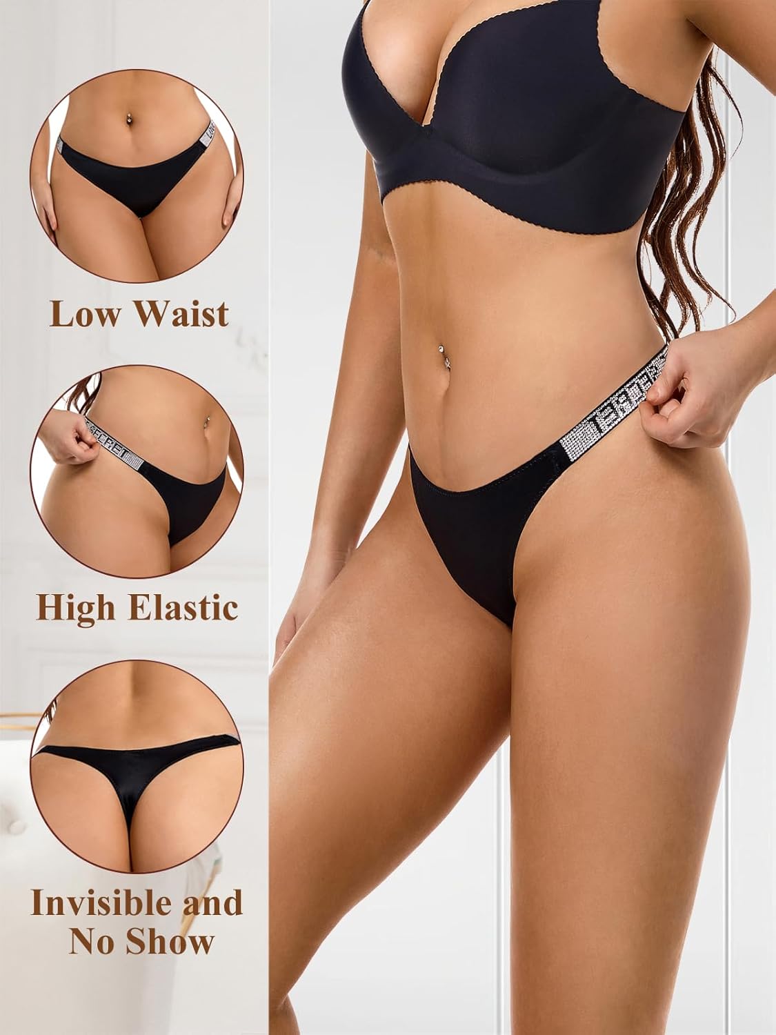 Rhinestone G-string Thongs for Women - Sexy Thong Underwear Stretch Breathable Low Rise Ice Silk Panties 6 Pack - Image 3