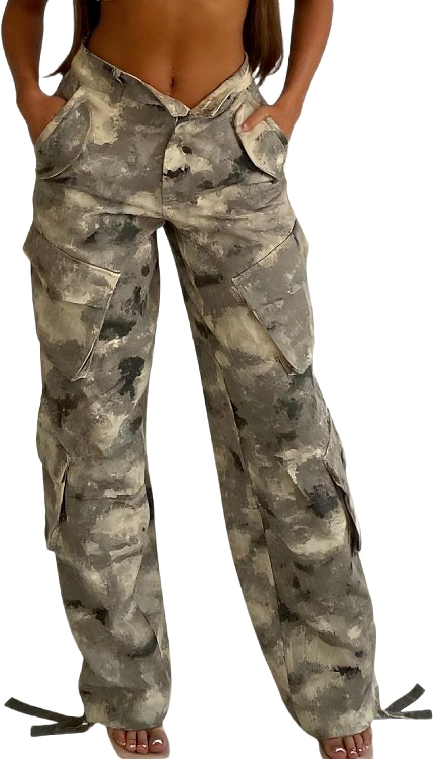 Womens Camo Cargo Pants High Waisted Wide Leg Y2K Parachute Baggy Streetwear Trousers