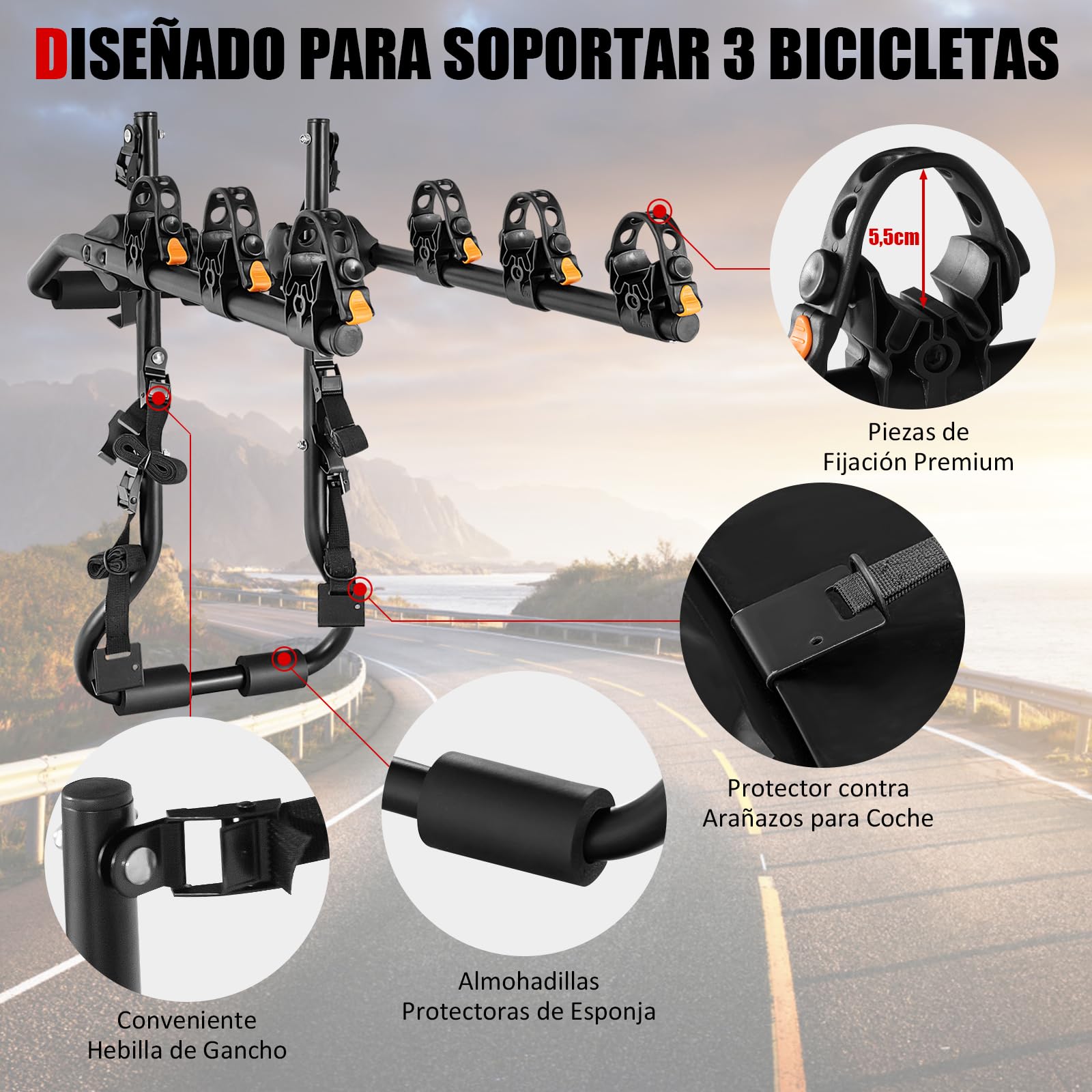 GYMAX Portabicicletas Coche con Longitud y Ángulo Ajustables para 3 Bicicletas, Soporte para Maletero para Maletero con Barra Superior y la Mayoría de Sedanes, Hatchbacks, Minivans y SUV