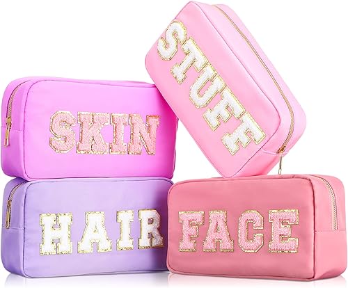 Cunno 4 bolsas de maquillaje preppy de chenilla con letras de nailon, bolsa de cosméticos con cremallera para mujer, artículos de tocador de viaje