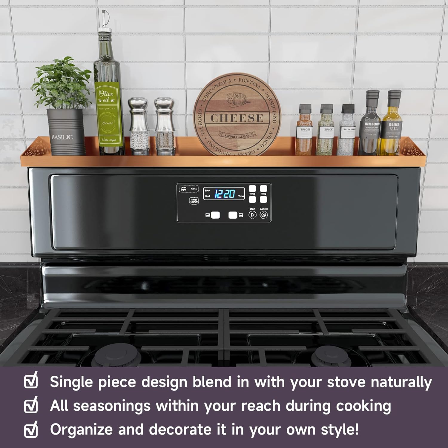 30" Magnetic Stove Top Shelf – Brushed Copper Spice Rack and Seasoning Organizer – Kitchen Shelf for Back of Stove – Over Stove Rack and Storage Organizer