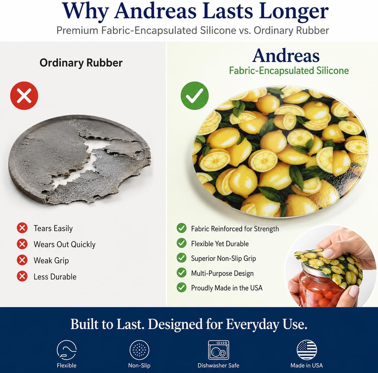 Andreas Silicone Jar Opener, Lemons – 6.25", Made in the USA, JO-922 | Non-Slip Lid Gripper & Garlic Peeler, Food and Dishwasher Safe, Multi-Use, Durable Silicone & Fabric