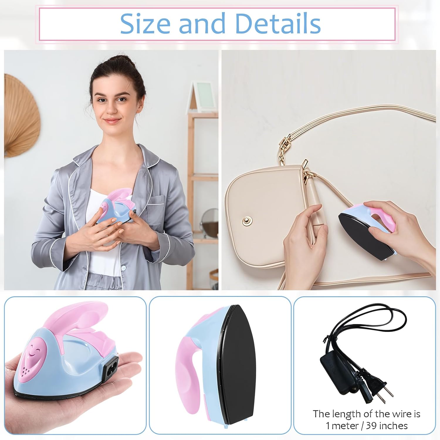Honoson Mini Craft Iron Mini Heat Press Small Iron 3.93 x 2.36 x 2.76 in Portable Handy Tiny Flatiron with Charging Base Accessory for Fuse Bead Patch DIY Heat Transfer Vinyl(Light Pink, Light Blue)