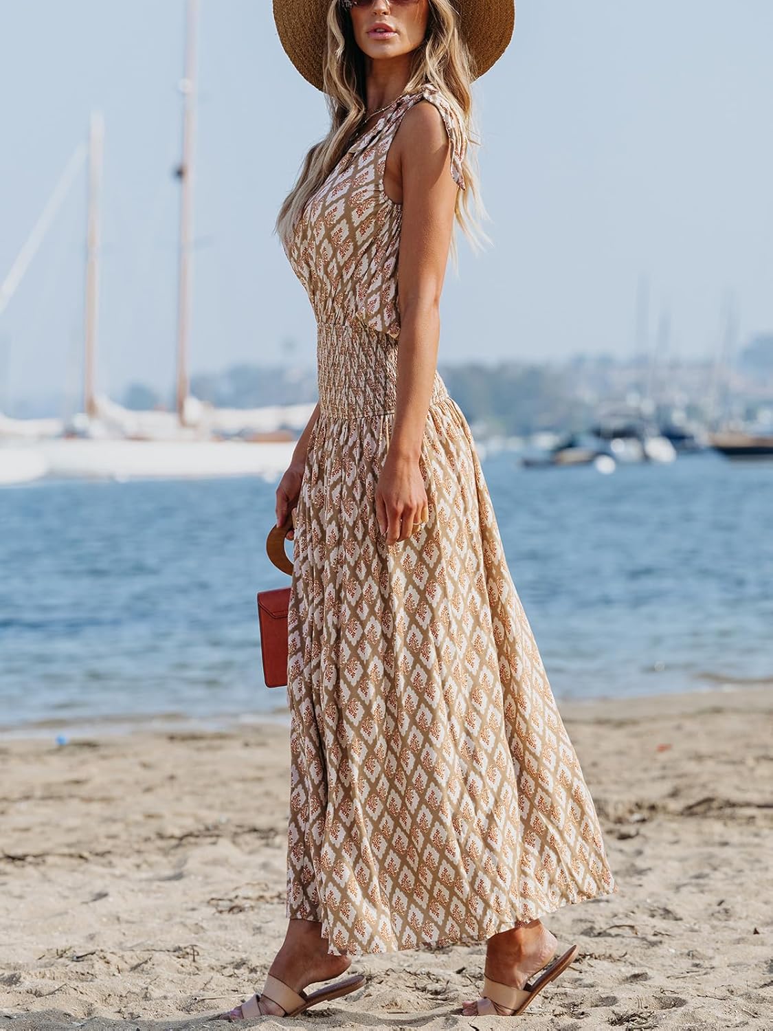 CUPSHE Women's One Shoulder Sleeveless Smocked Floral Printed Self Tie Boho Long Maxi Dress for Summer - Image 5