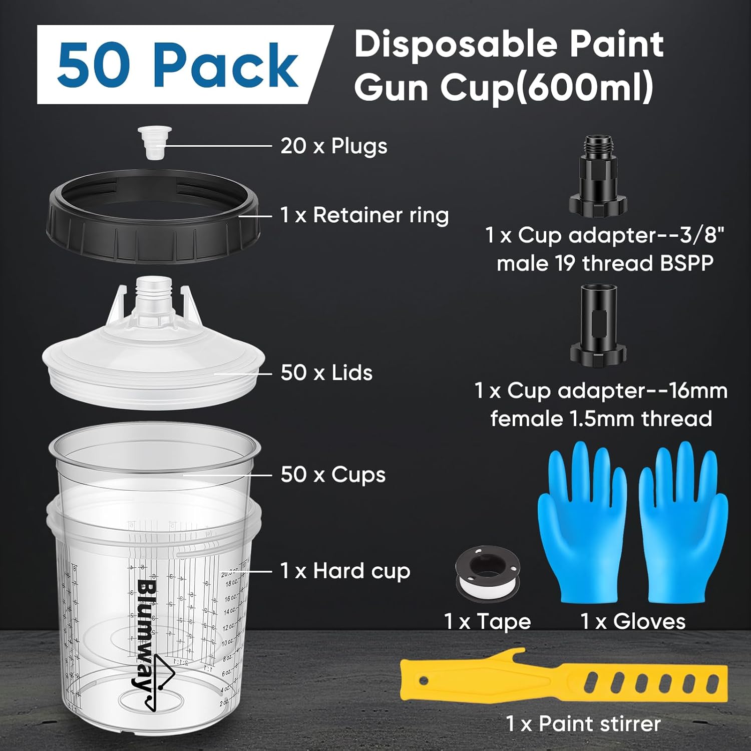 BlumWay 50 Pack Disposable Paint Gun Cup, Paint System for LVLP and HVLP Paint Spray Paint Gun, 20 Ounce (600ml) Kit - 50 Cups and Lids, 20 Plugs,1 Hard Cup with Retainer Ring, 2 Cup Adapters