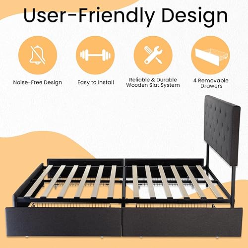 Miniatura 7 de SHA CERLIN Base de cama tapizada de tamaño matrimonial con 4 cajones de almacenamiento, cabecera ajustable con diseño de botón cosido de diamante,