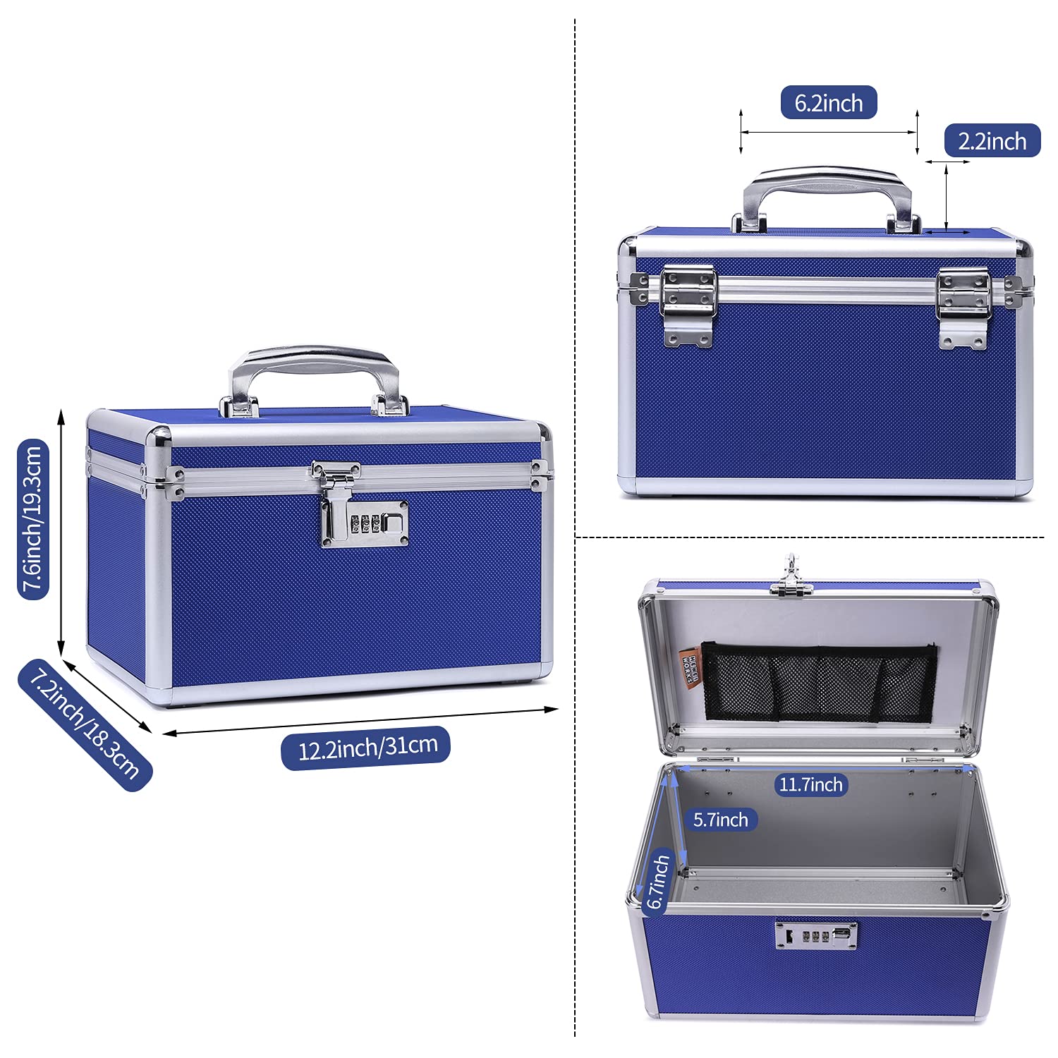 Caja médica segura para niños, 31,0 x 18,3 x 19,3 cm, caja medicamentosa con cerradura combinada, caja de medicamentos, botiquín médico incluido en pequeño pastillero (azul/medio)