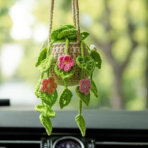 Miniatura 9 de Adorno colgante para automóvil, bonita planta de ganchillo para espejo retrovisor, decoración colgante de espejo hecho a mano, accesorios interiores