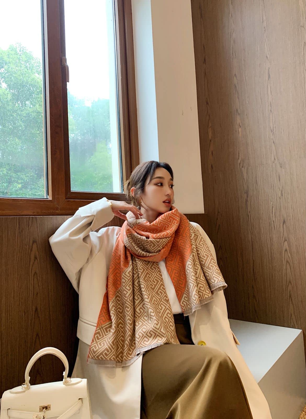iCuviy Grande scialli e involucri pashmina da donna extra morbidi al tatto in cashmere, sciarpe autunnali scialli e involucri per matrimonio, Arancione e marrone., Large