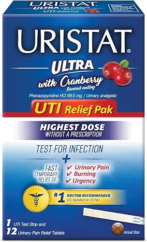 URISTAT Ultra UTI Relief Pack, 1 tira de prueba de infección urinaria y 12 tabletas para aliviar el dolor (paquete de 2)
