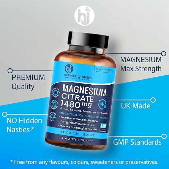 Magnesium Citrate 1480mg - 180 Vegan Capsules not Tablets - Providing 444mg Elemental Magnesium - 3 Month Supply - High Strength Supplements - Made in The UK by Howard & James