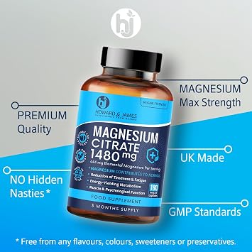 Magnesium Citrate 1480mg - 180 Vegan Capsules not Tablets - Providing 444mg Elemental Magnesium - 3 Month Supply - High Strength Supplements - Made in The UK by Howard & James