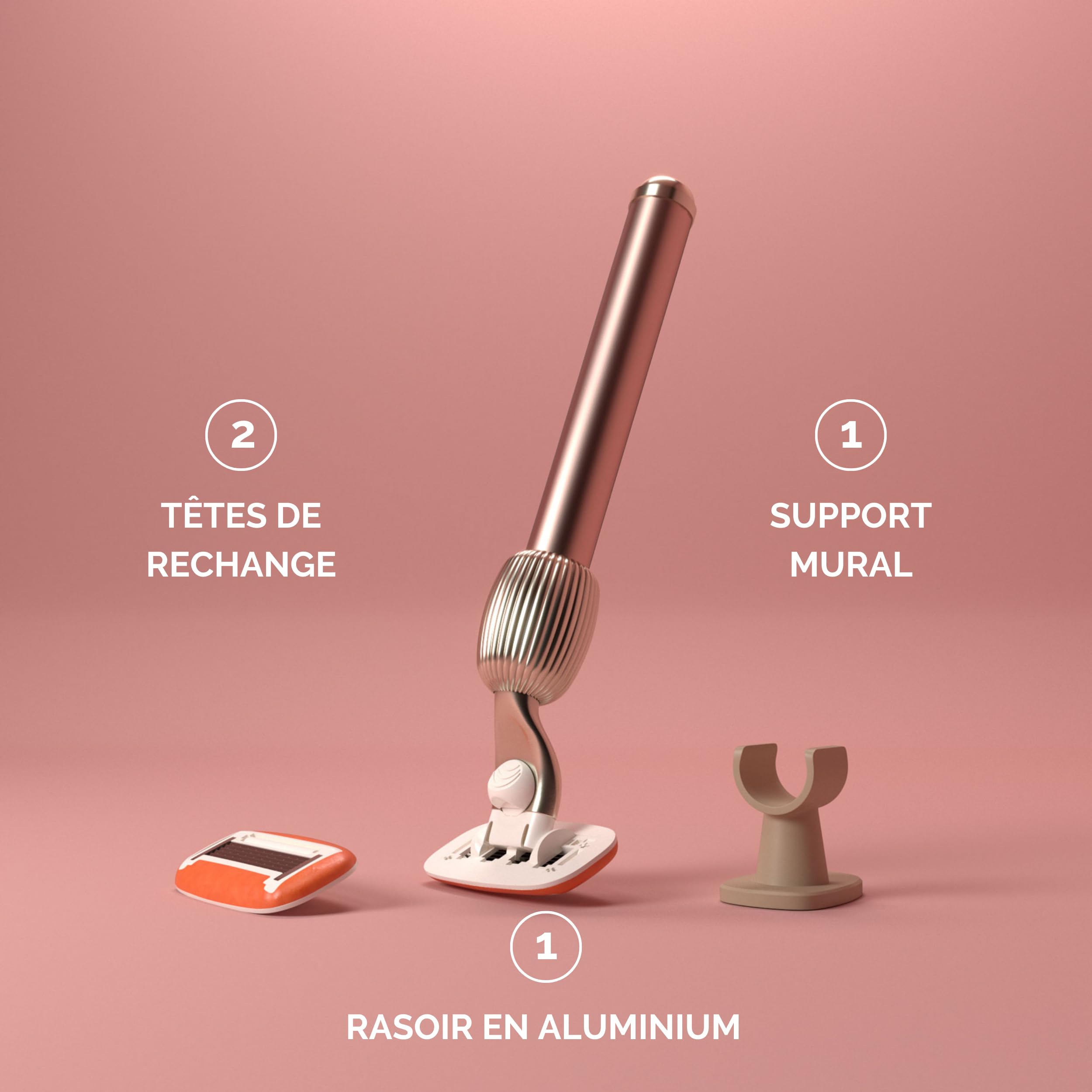 Fler The Razor Starter Set - Rasoir pour Femme avec Têtes Interchangeables, Rasoir avec Support et 2 Lames de Rechange, Rasoirs Unisexes, Lame avec Aloe Vera, Vitamine E (Rose)