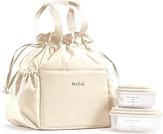 Cromwell Drawstring Lunch Bag for Women, Complete Lunch Set with 2 Containers, Stain-Resistant, Leak-Resistant, Back to School Essential, Teacher Lunchbox, Ivory Daisies