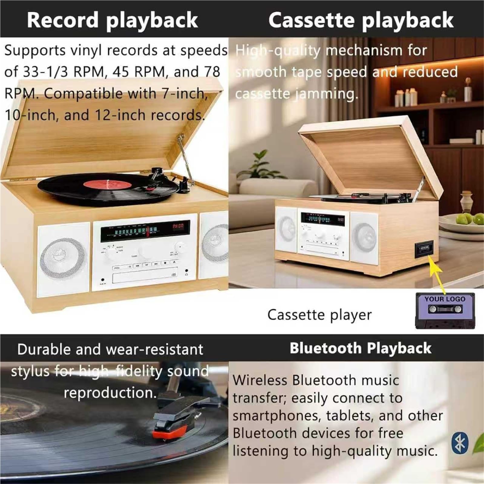 Lettore CD Bluetooth portatile con altoparlanti integrati, cassette e lettore di dischi in vinile, supporta AM/AUX/cuffie per ascoltare musica in casa e in ufficio