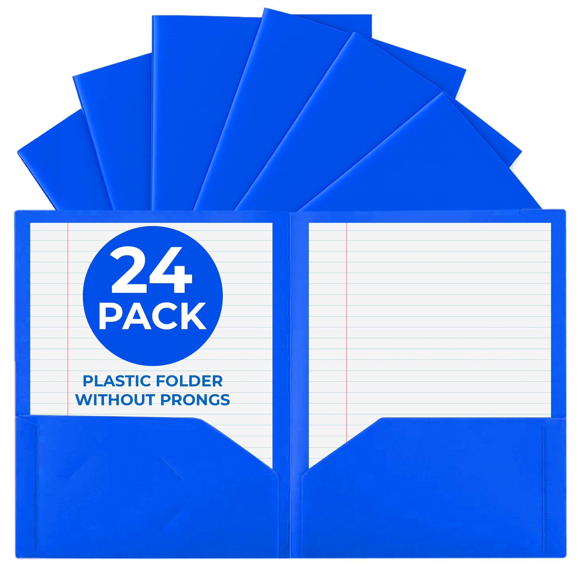 24 Pack Blue Plastic Folders with Pockets Heavy Duty. 2 Pocket Folder no Prongs Bulk. Tear-Resistant Letter Size 8.5x11. Presentation Ready School and