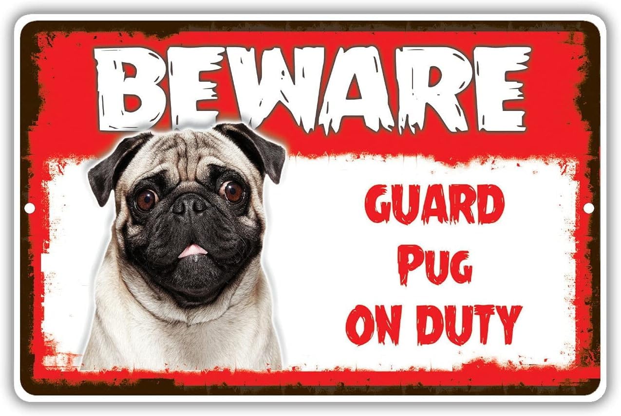 Lobes Colour-957 Beware Guard Pug Dog On Duty Novelty Metal Sign 6"X8"