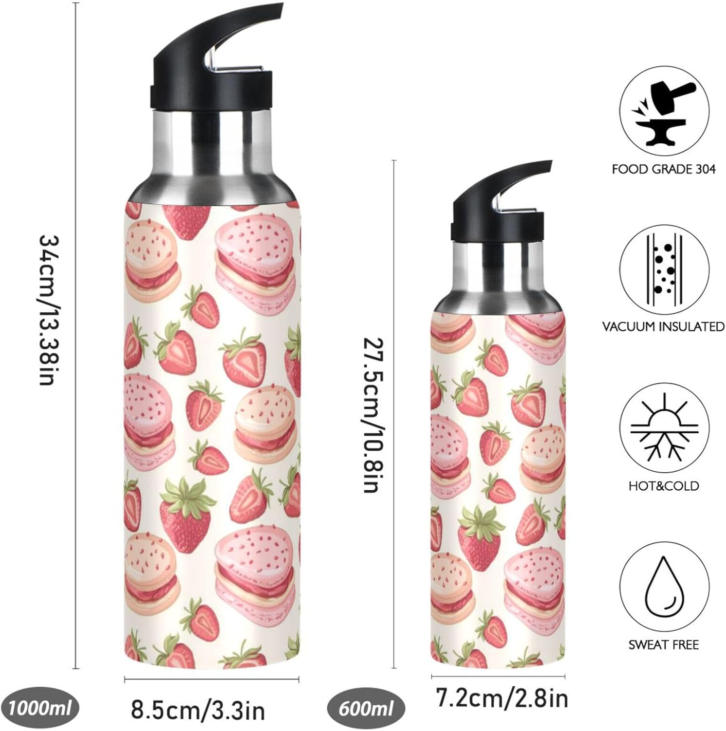 Pink Strawberry Cakes Insulated Water Bottle with Straw Lid Sports Leakproof Travel Mug Stainless Steel Water Bottle with Straw for Kids School and Travel,600 ml - Image 2