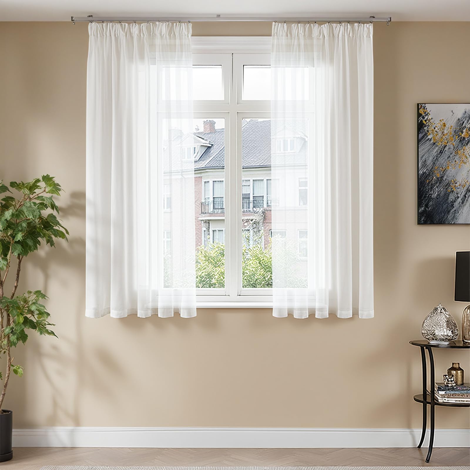 TOPICK Gardinen mit Kräuselband Gardinenschals Vorhänge Wohnzimmer Schlafzimmer modern, H145xB140 cm Gardine Landhausstil Übergardinen lichtdurchlässig Schlaufengardinen Schlaufenschal 2er Set Weiß
