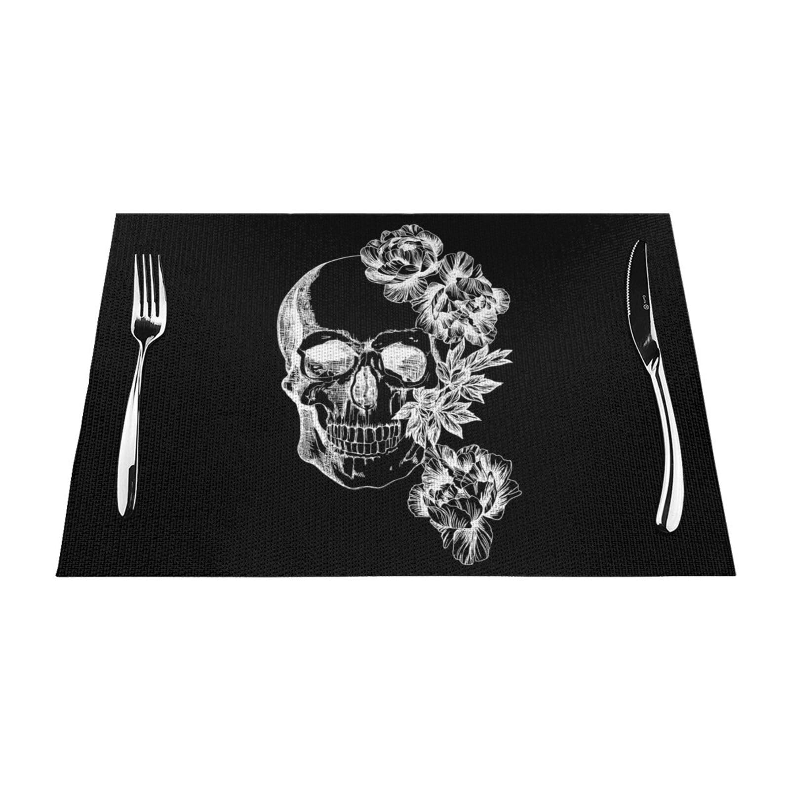 Placemats 1-6 Sets, Skull Skeleton Flower Florals, Washable Placemats For Kitchen Dining Table, Suitable For Kitchen Heat Insulation Table Mats 12''X18'' -(30x45cm) 4 Pieces