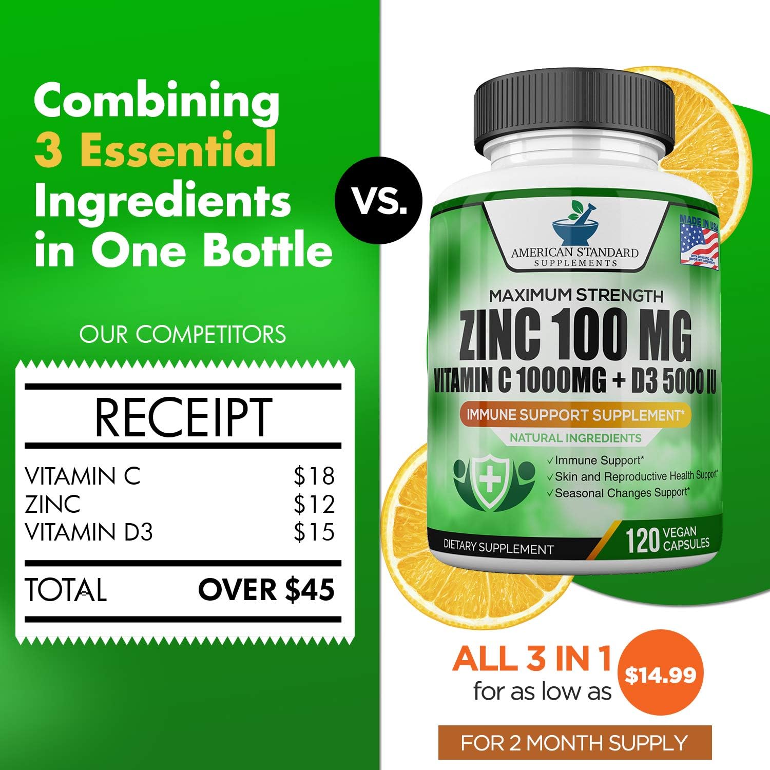 Buy Zinc 100mg Vitamin C 1000mg Vitamin D 5000iu Per Serving Immune Support For Adults Kids Immune System Booster Supplements Non Gmo No Filler No Stearate 1 Vegan Capsules 60 Day Supply