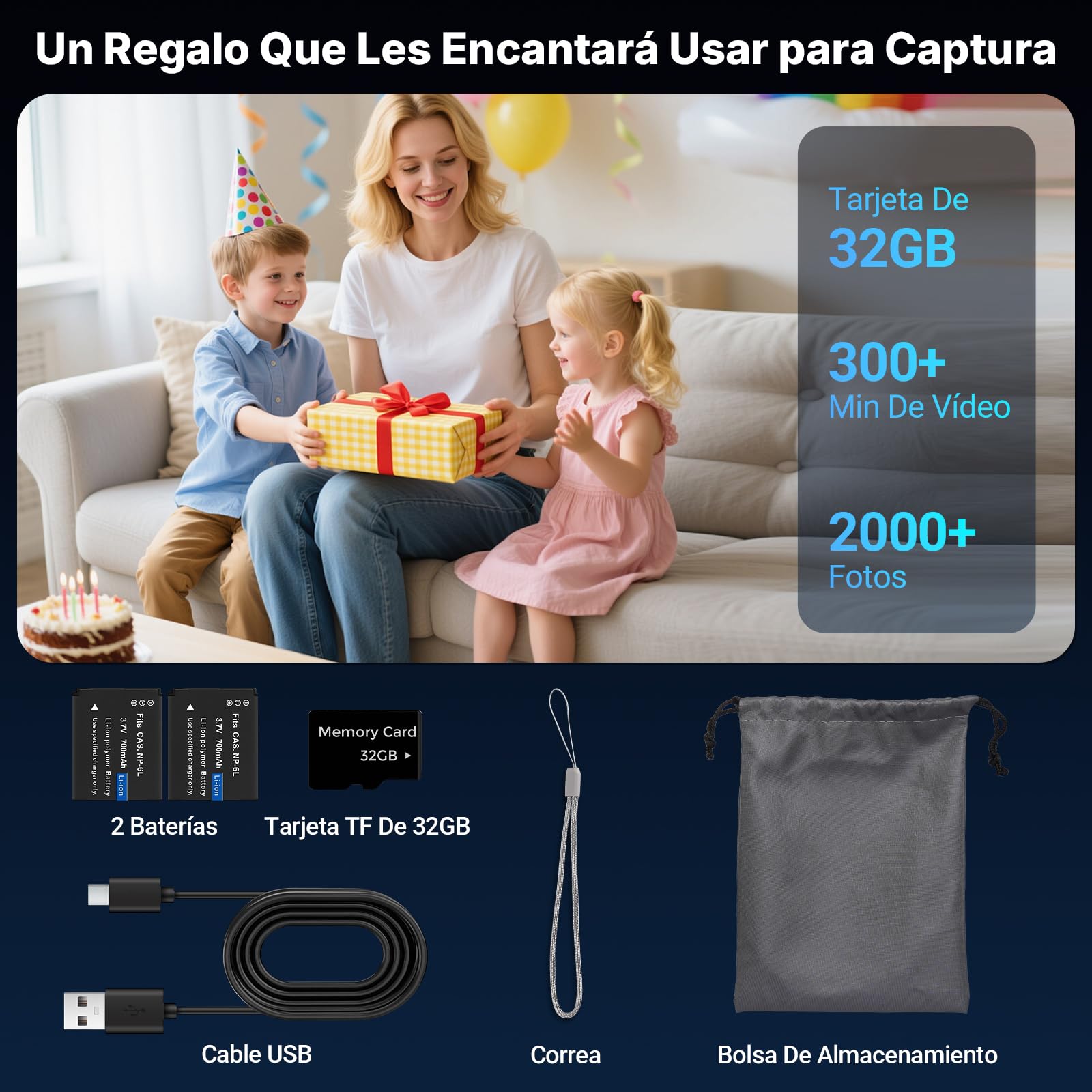 Cámara Digital Compacta Cámara de Fotos Digital 44MP 1080P con Pantalla IPS de 2,4”, Zoom Digital 16X, Antivibración, Tarjeta 32GB, 2 Baterías para Adolescentes Niños, Niñas Negro