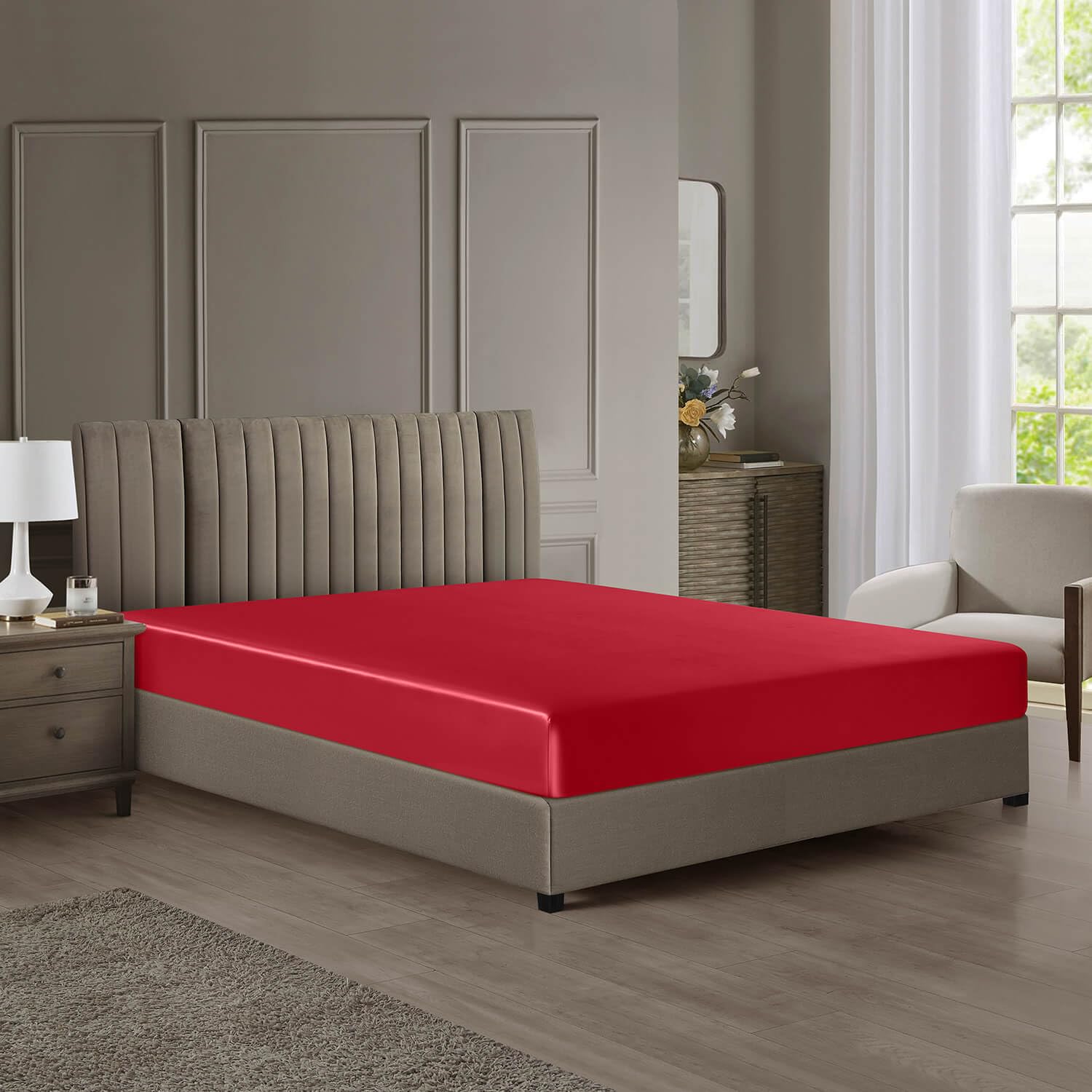 DISANGNI 22 Momme 6A Grade 100% Mulberry Silk Fitted Sheet, Oeko-Tex Certified, 1 Piece Luxury Soft Silk Fitted Sheet, Deep Pocket (Red, 200x200+30cm)