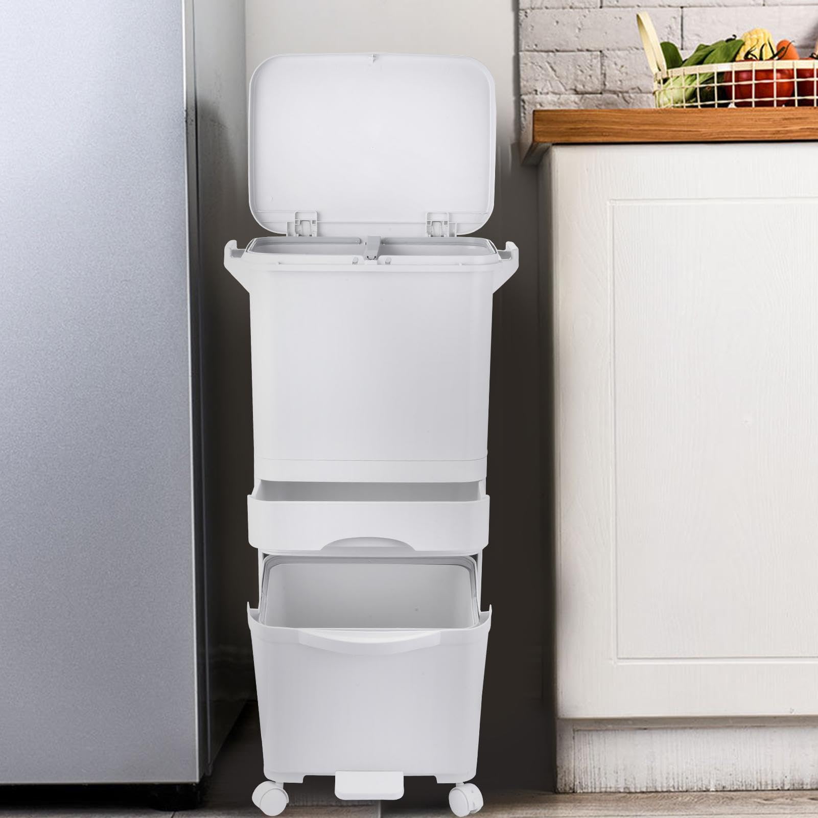 Küchenmülleimer 42-Liter-Drei-Ebenen Mülltrennung Mit Deckel Und Treteimer | Mehrschichtige Trocken-Nass-Trennung Fahrbarer Küchenmülleimer Fahrbar,ABS Abfalleimer 360° Rollen Und Für Küche Und Haushalt