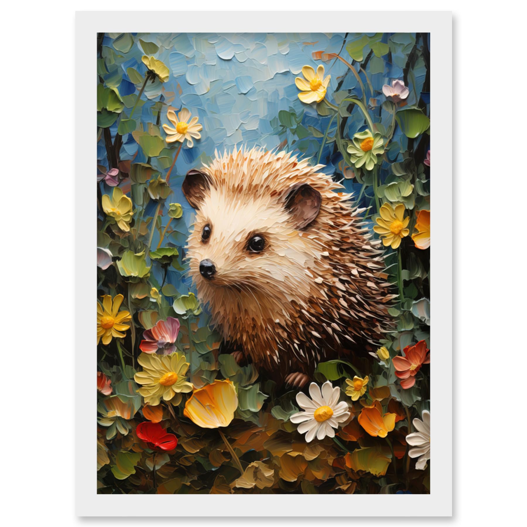 Artery8 Hedgehog Wildflower Meadow Thick Paint Oil Painting Kids Bedroom Cute Woodland Creature Artwork Framed Wall Art Print A4
