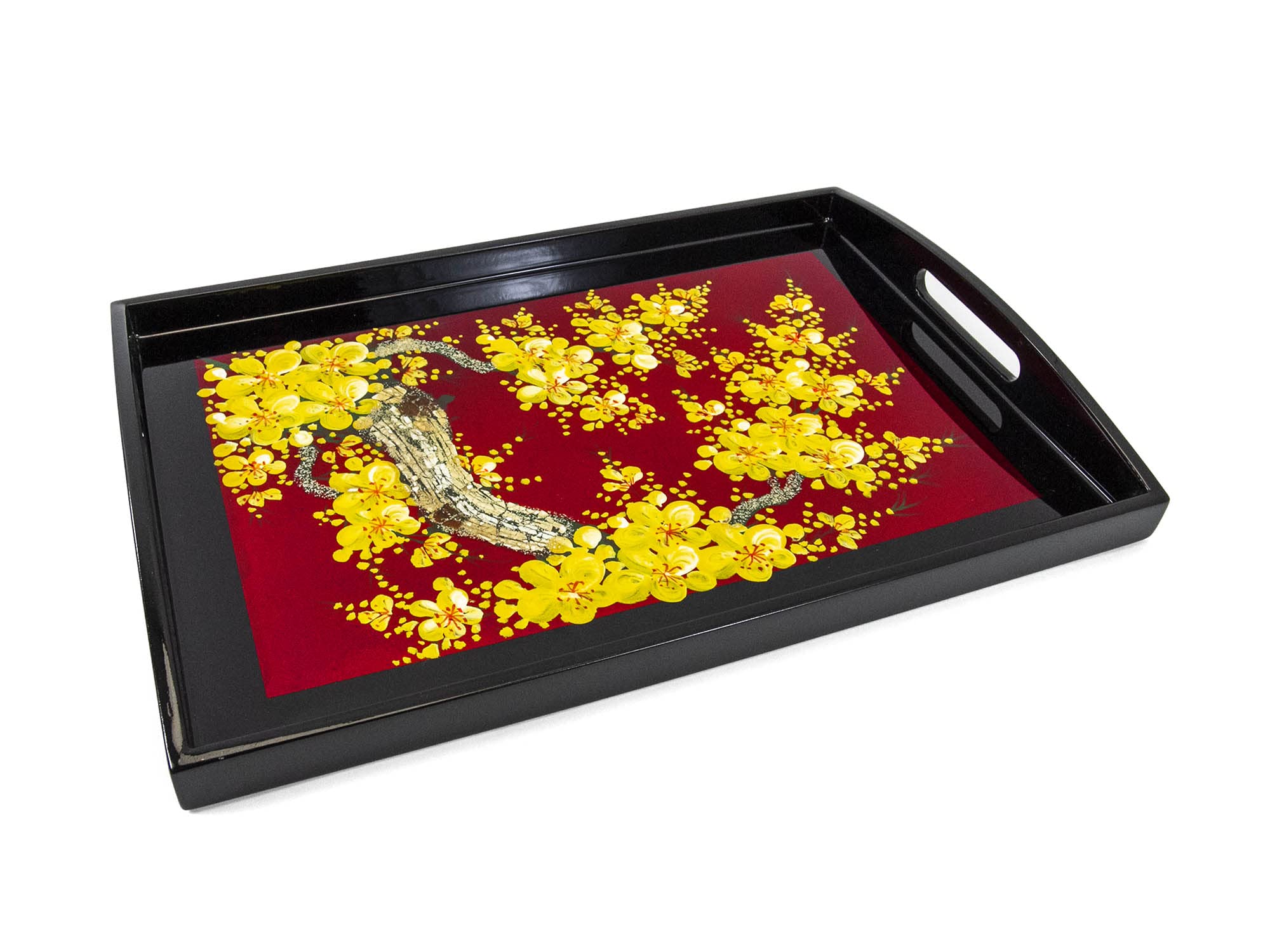 Plateau en Bois Laqué Rouge et Noir “Fleurs de Cerisier”, Fait Main, L39 x 28cm - Plateau de Service avec Poignée - Artisanat du Vietnam et Déco Asiatique (S39-4952-39)
