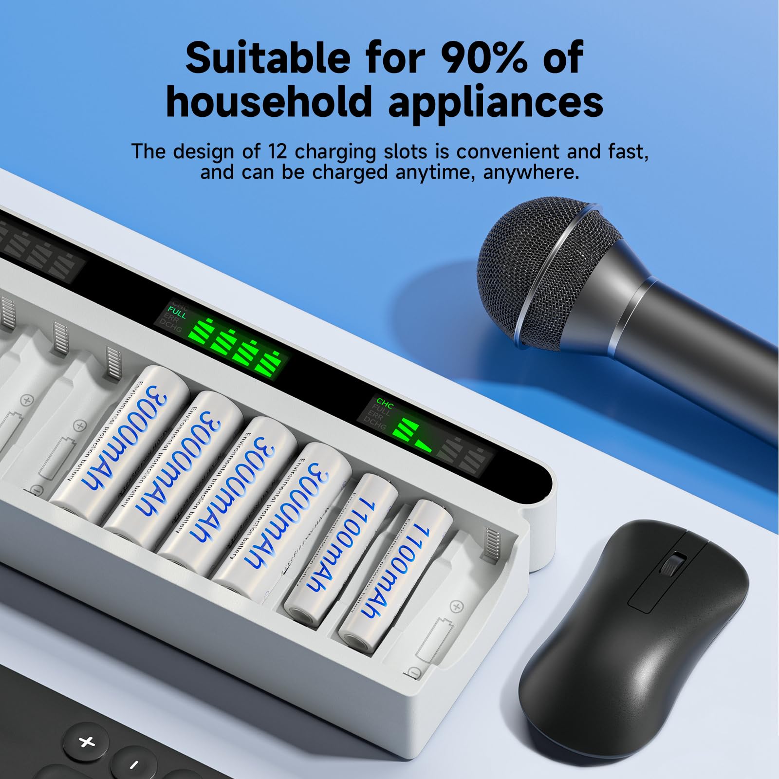 12 piles rechargeables 3000mAh AA avec chargeur, USB type-C 5v2A écran LCD chargeur rapide avec 12 emplacements pour piles rechargeables 1,2 V NiMH AA AAA