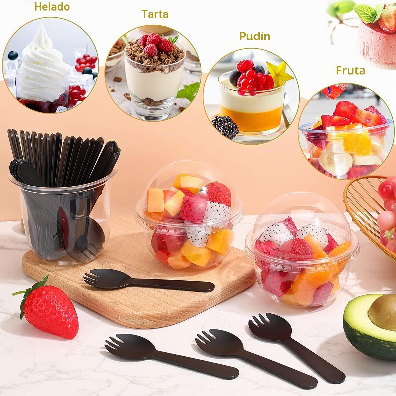 MIVIDE 100 vasos de postre con tapa, 250 ml/9oz vasos de postre de plástico, tazas de postre con tapa para mousse, pudín, helado, fiesta de postre, bodas