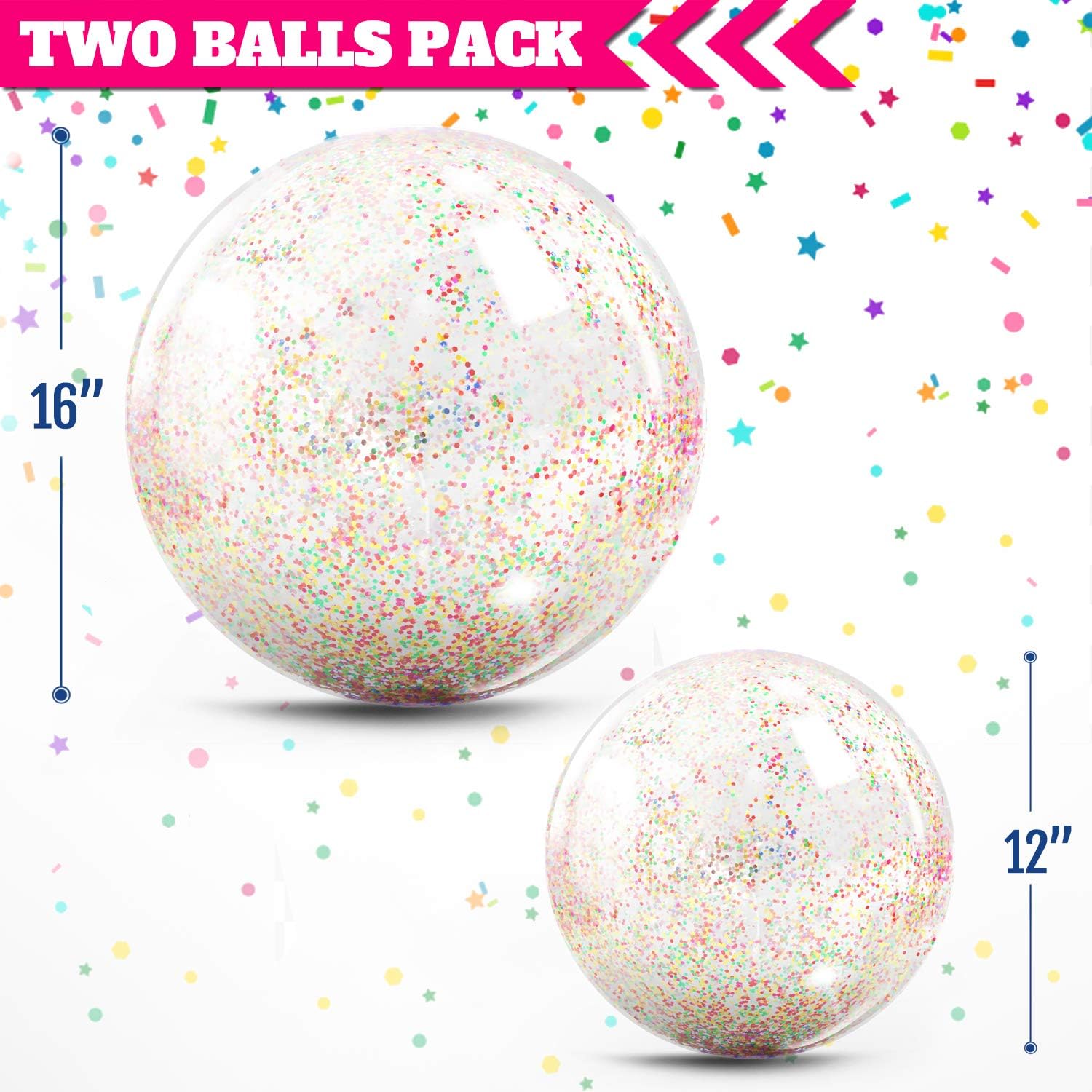 Novelty Place Inflatable Clear Sports Beach Balls with Rainbow Sequin Glitter & Confetti - Summer Beach Pool Party Toy Volleyball Soccer Game & More - 2 Pcs Giant Value Pack (16 in & 12 in)