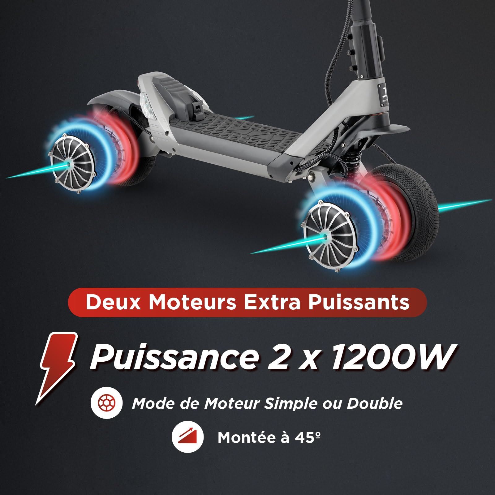Joyor LuxeRider Trottinette électrique adulte, pliable, deux moteurs de 1200W, batterie de 52V 21AH, autonomie de 55-60km, roues pneumatiques de 25,4x8,9cm, charge maximale 150KG, double suspension