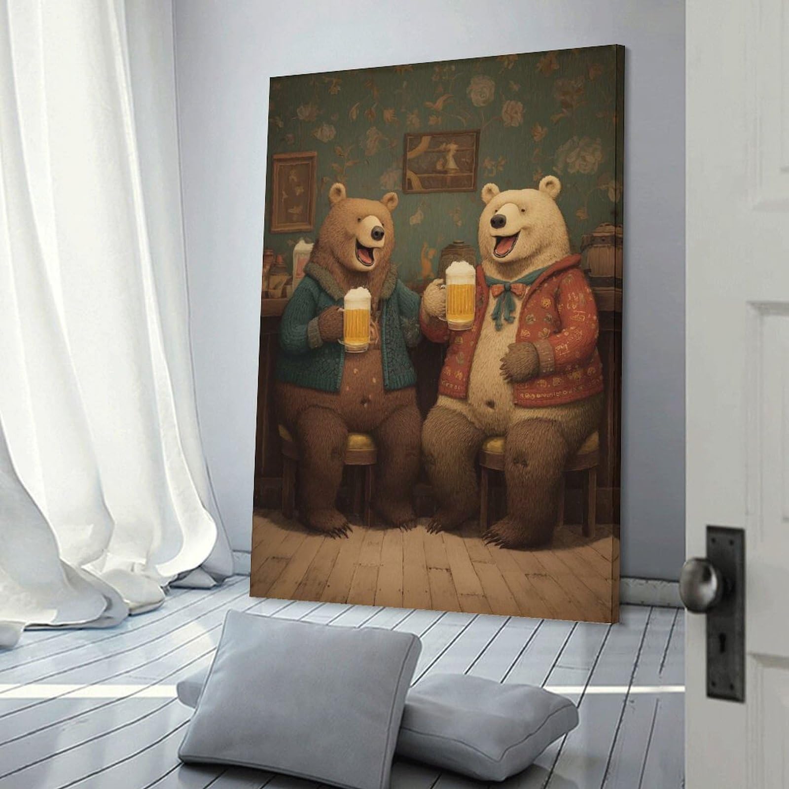 Junmoney Frame-Style-7 Two Bears Drinking Beer At Bar Canvas Wall Picture, 12X18inch(30X45cm), For Living Room, Bedroom Or Apartment Walls, Decorative Artwork For Empty Walls