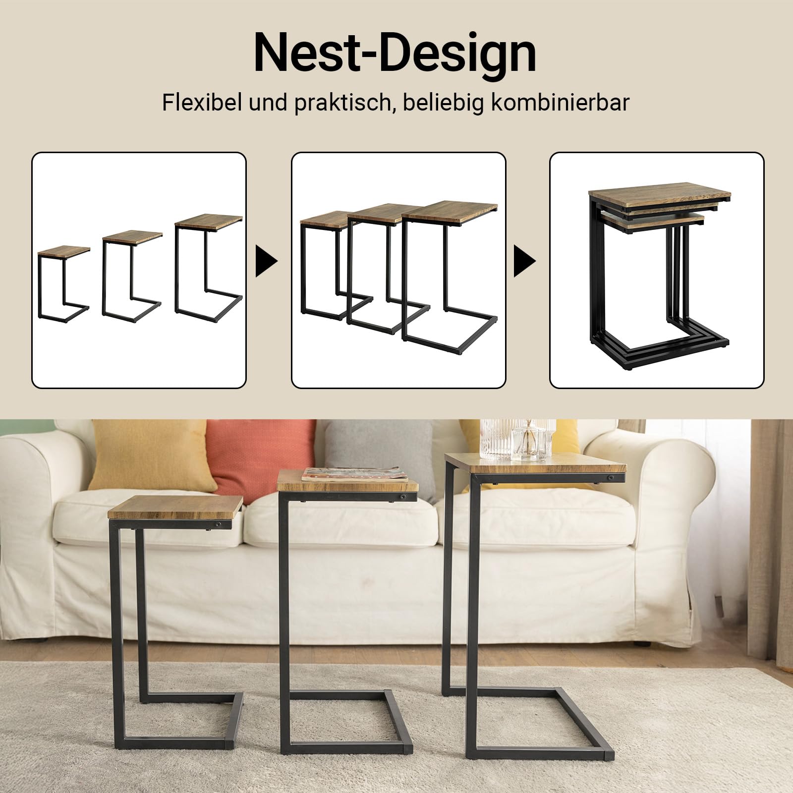 SoBuy 3er-Set Beistelltisch platzsparend, Natur & Schwarz | Moderne Couchtische für Wohnzimmer, ineinander stellbares Design, vielseitig, FBT102-F