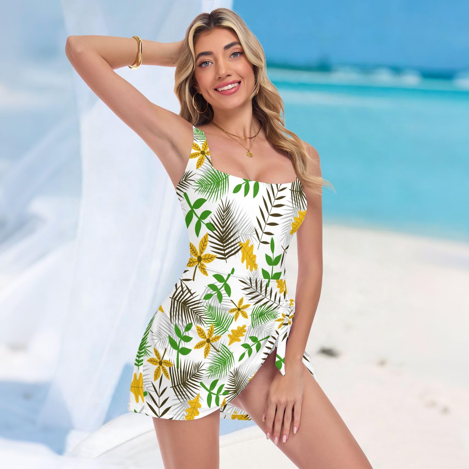 Costume da bagno intero da donna Costume da bagno da donna Costumi da bagno da donna Controllo della pancia Costumi da bagno Collo quadrato Foglie tropicali Pianta