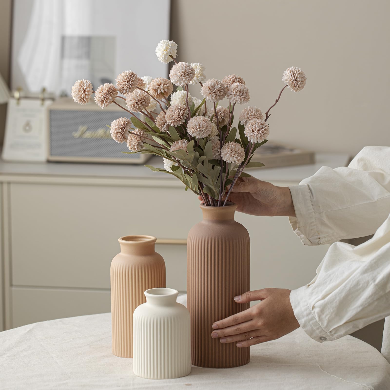 Große Moderne Keramik Vase Set, Kaffee Geriffelt Matt Design, 3 Stück Dekorative Vasen für Zuhause, Wohnzimmer, Büro (XL Kaffee Mix)
