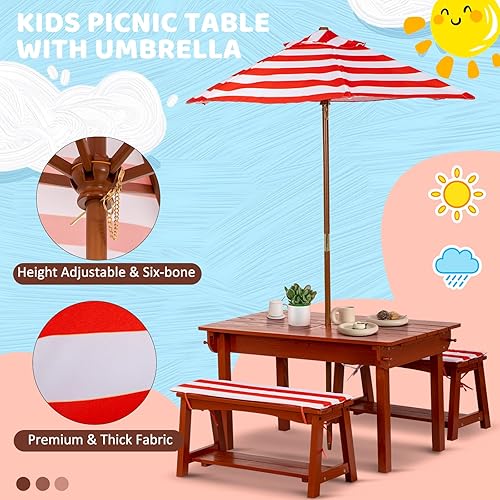 Miniatura 5 de Mesa de picnic para niños con paraguas, juego de mesa y banco de madera al aire libre con cojines y 2 cajas extraíbles, 4 en 1, muebles de