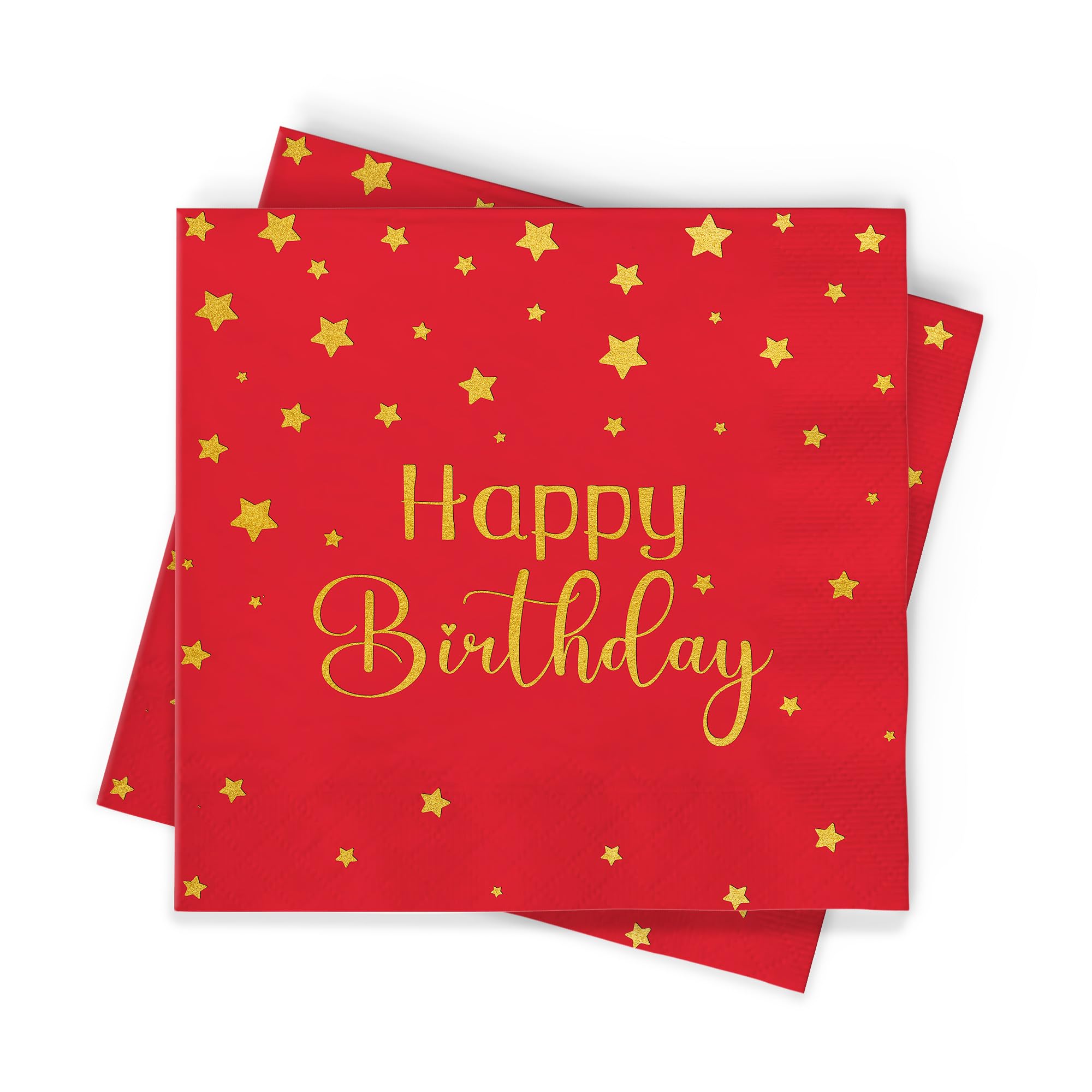Red Happy Birthday Napkins – 100 Pack | Premium 3-Ply Disposable Dinner Napkins with Gold Foil Stars | Birthday Party Supplies for Adults & Kids