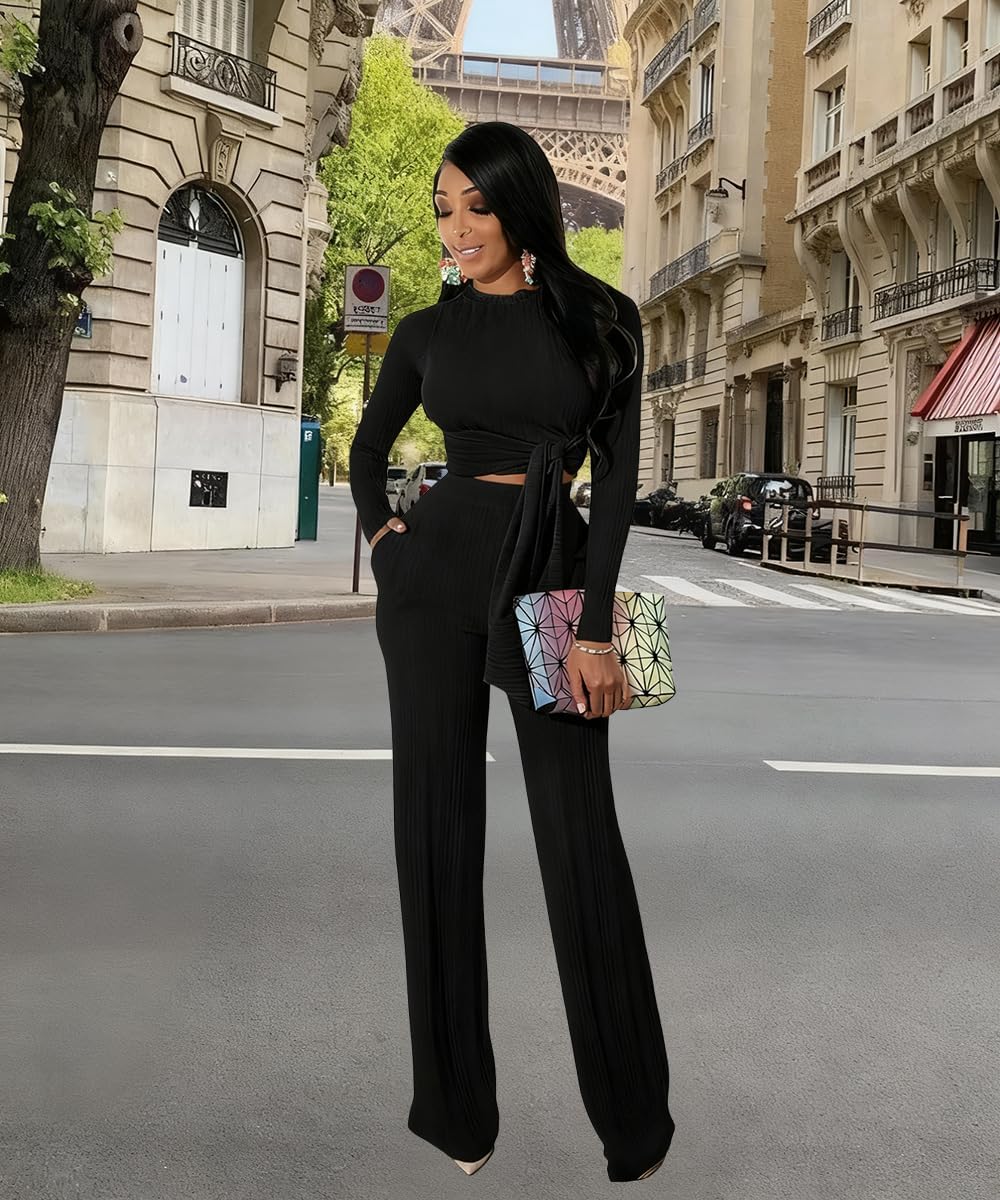 Two Piece Sets For Women Sexy Tie Front Long Sleeve Crop Top Wide Leg Pants Set Casual Tracksuit Ribbed 2 Piece Outfits - Image 2
