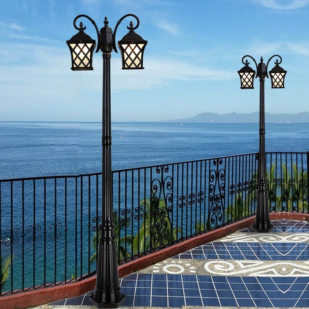 Farola Exterior Impermeable Vintage de 2 Luces, farola de Poste Alto Estilo Retro Europeo, Linterna de Cristal, lámpara de Calle con Columna de Aluminio para Patio, balcó,Bronze-260cm