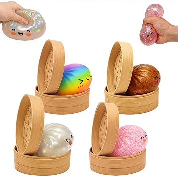 4Pcs Dumpling Squishy, Big Glitter Mystery Dumplings Squishies Box, Cute Bao Bun Fidget Real Office Desk Decor, Soft Sensory Squeeze Ball with Steamer for Anxiety Stress Relief, Novelty Surprise Gift