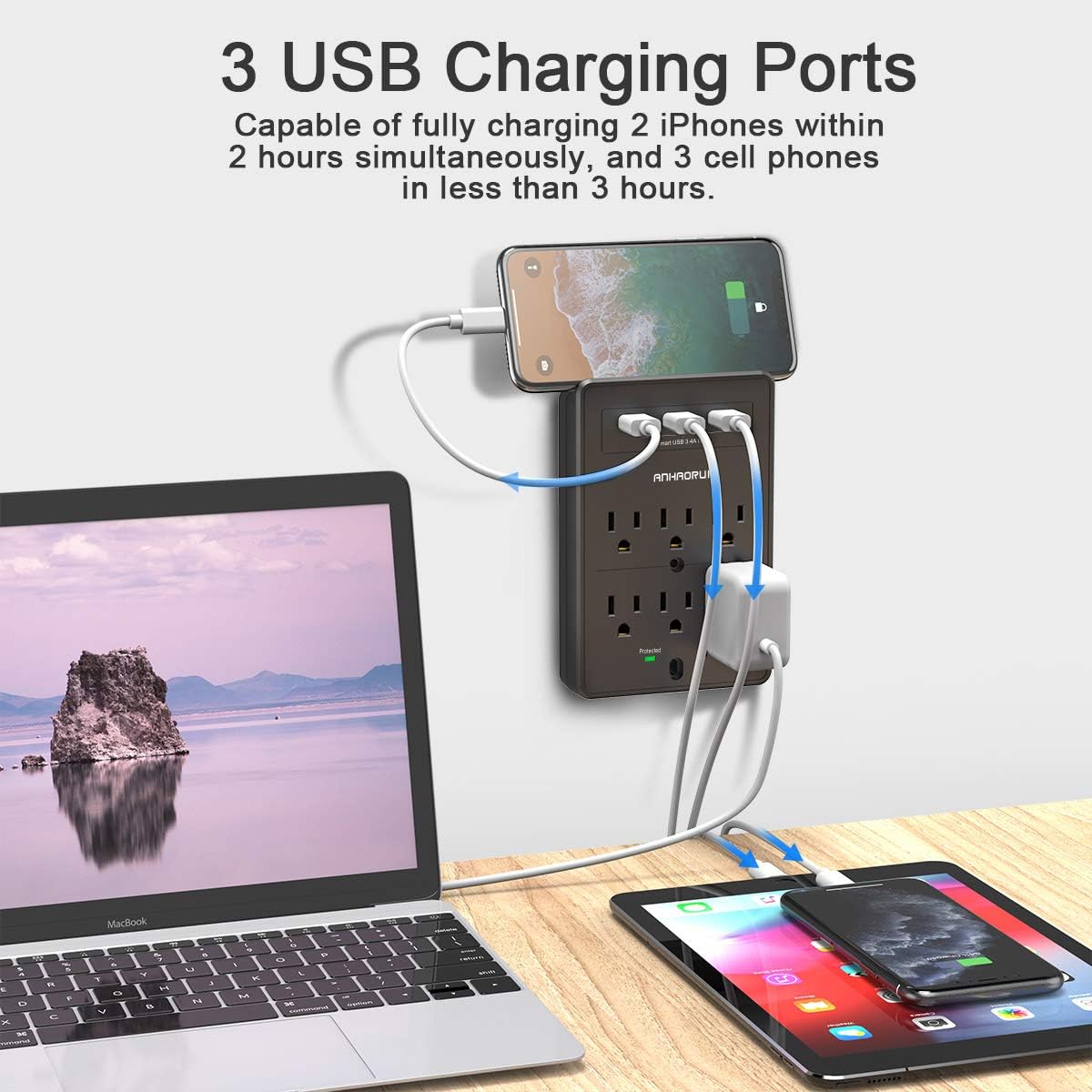 Multi Plug Outlet, Surge Protector, ANHAORUI Outlet Splitter with 6 Outlet Extender and 3 USB Ports (Black)
