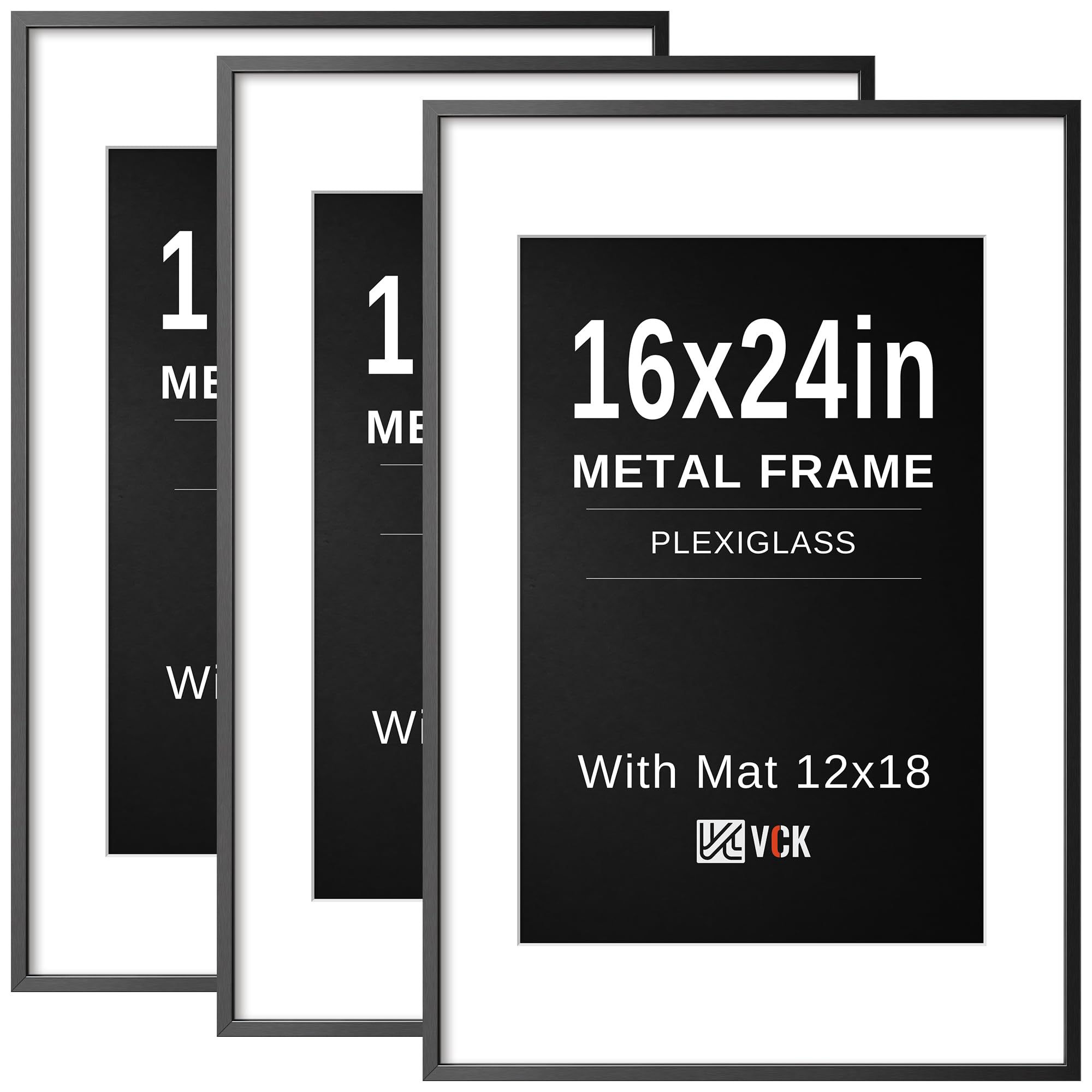 VCK 16x24 Frame, Black Metal - Matted to 12x18, 3 Pack, for Art Print