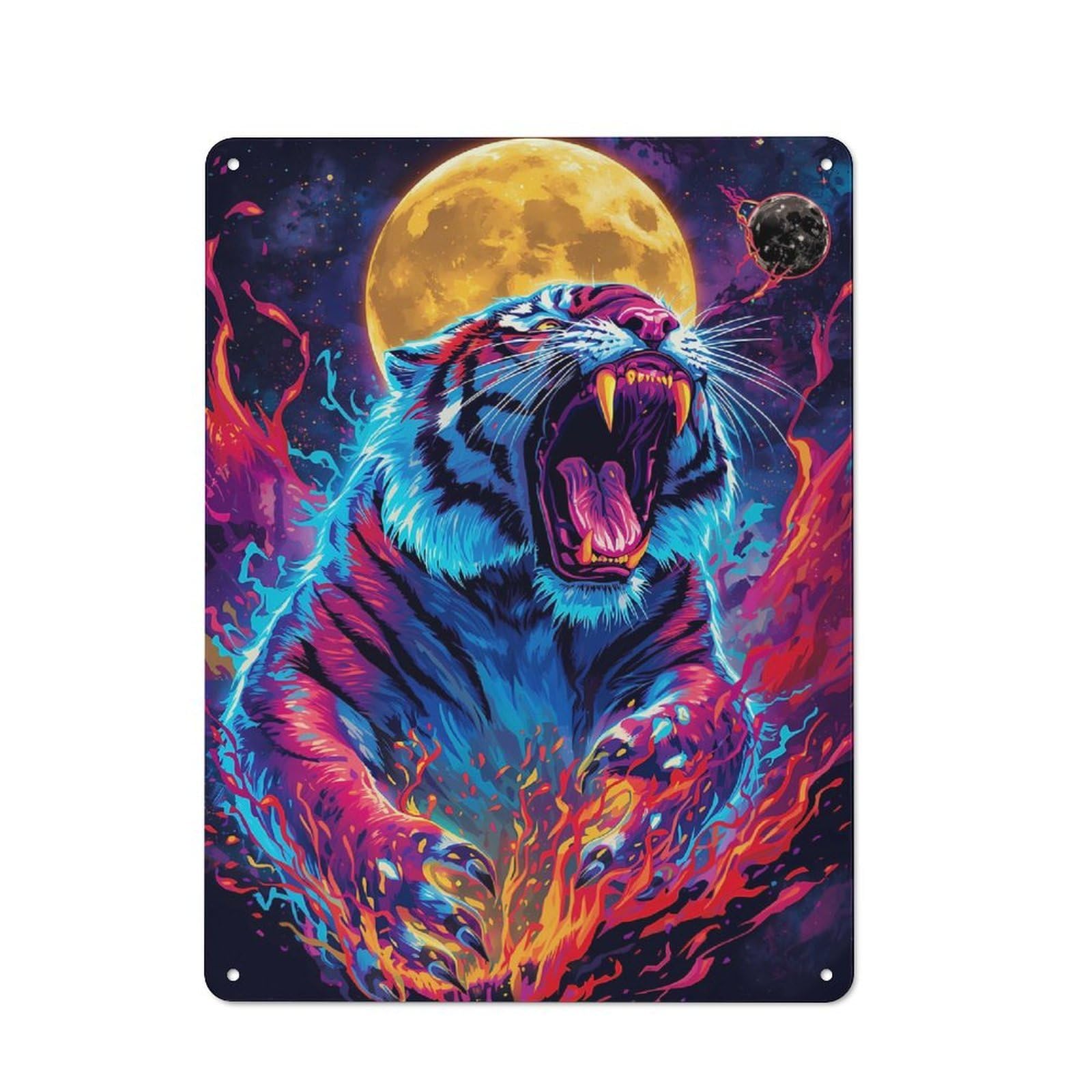 Junmoney Roaring Tiger With Moon And Flames Farmhouse Metal Sign With Design 40X30cm, Rustic Farmhouse Wall Decor For Farmhouse Kitchen, Pantry Or Dining Area