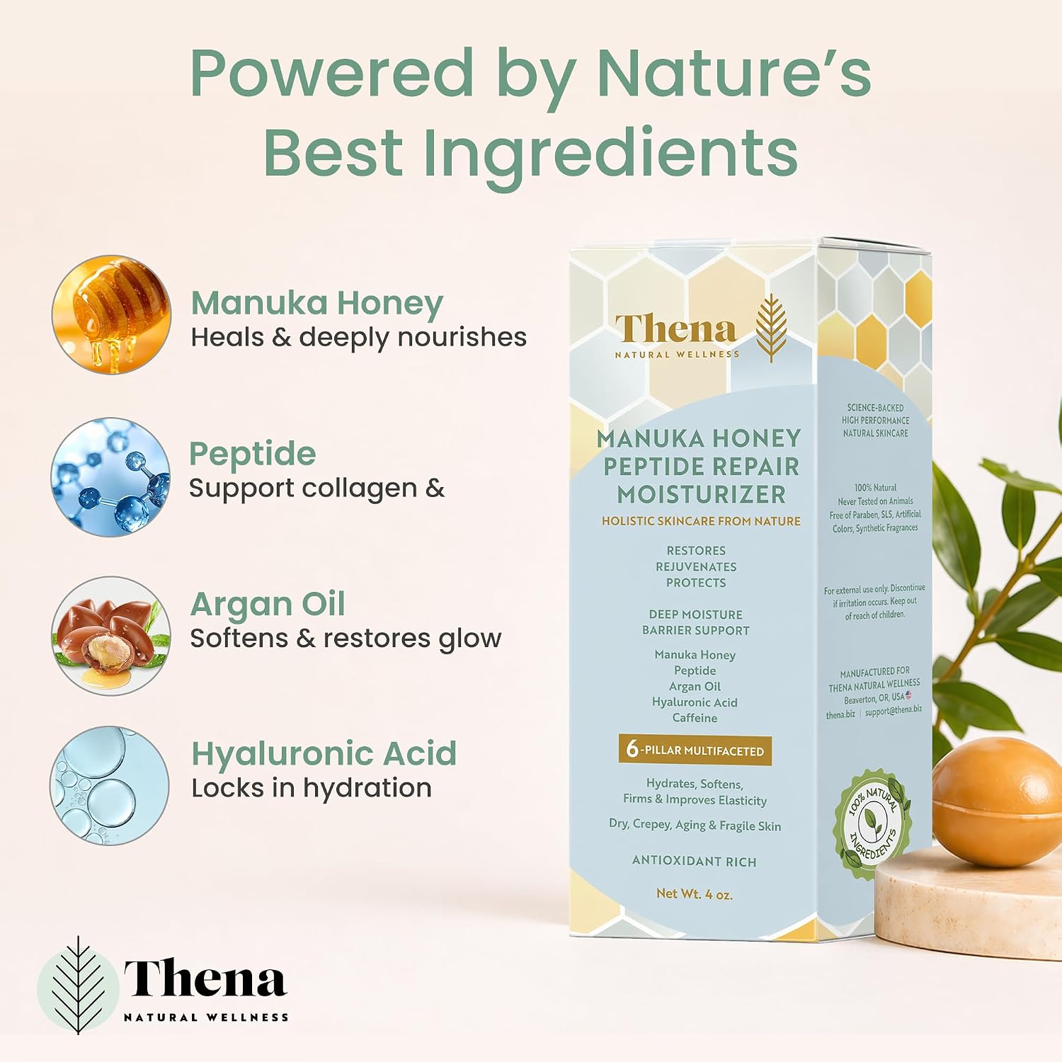 THENA Organic Manuka Honey Peptide Moisturizer, Anti Aging Firming Cream for Face Neck Body, Ultra Hydration Barrier Repair for Dry Crepey & Fragile Skin, Hyaluronic Acid, Argan Oil, Caffeine